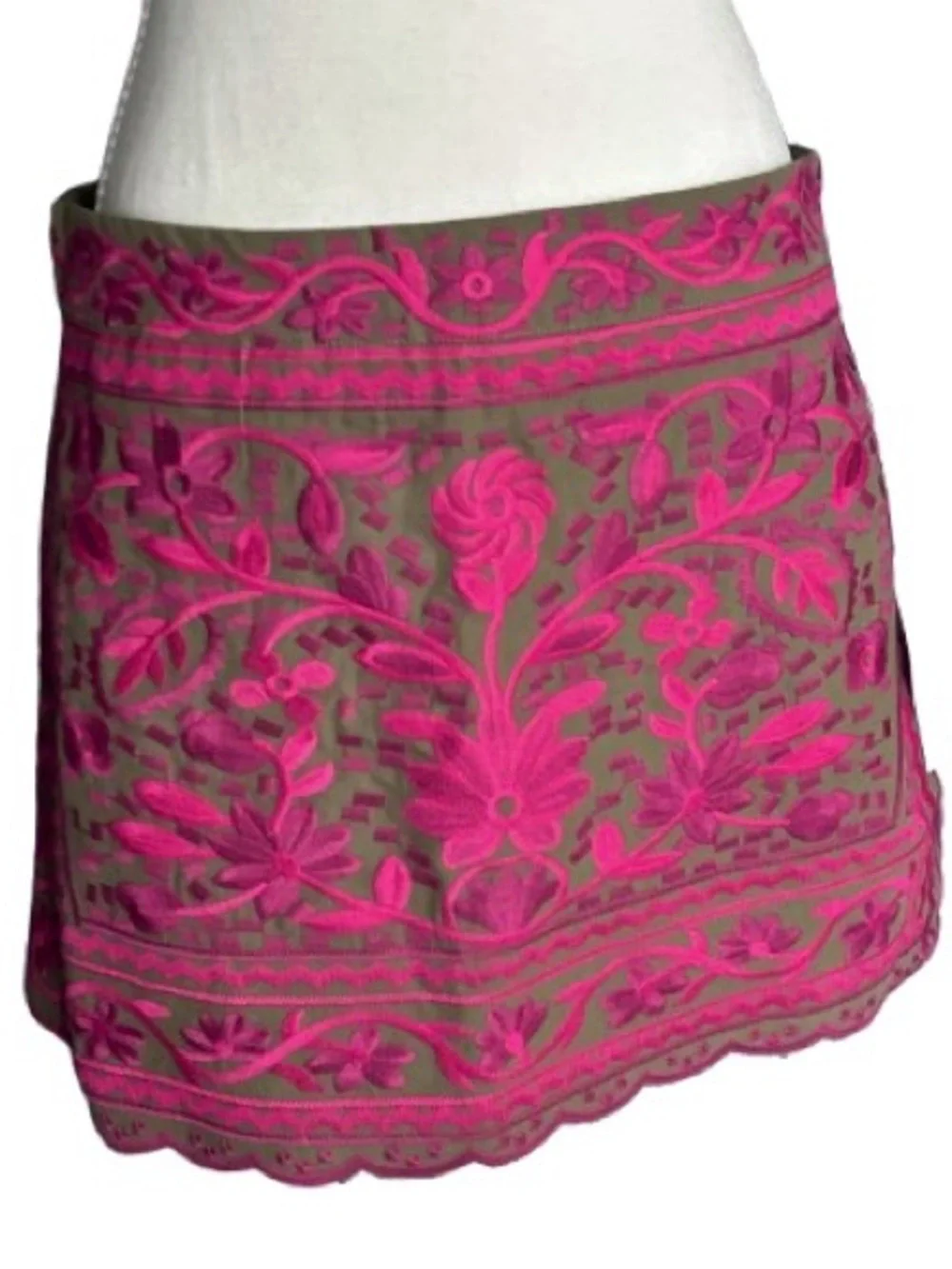 NWT J. MARIE Embroidered Floral Skirt Olive Green Fuchsia Boho Designer Cotton - Picture 11 of 16